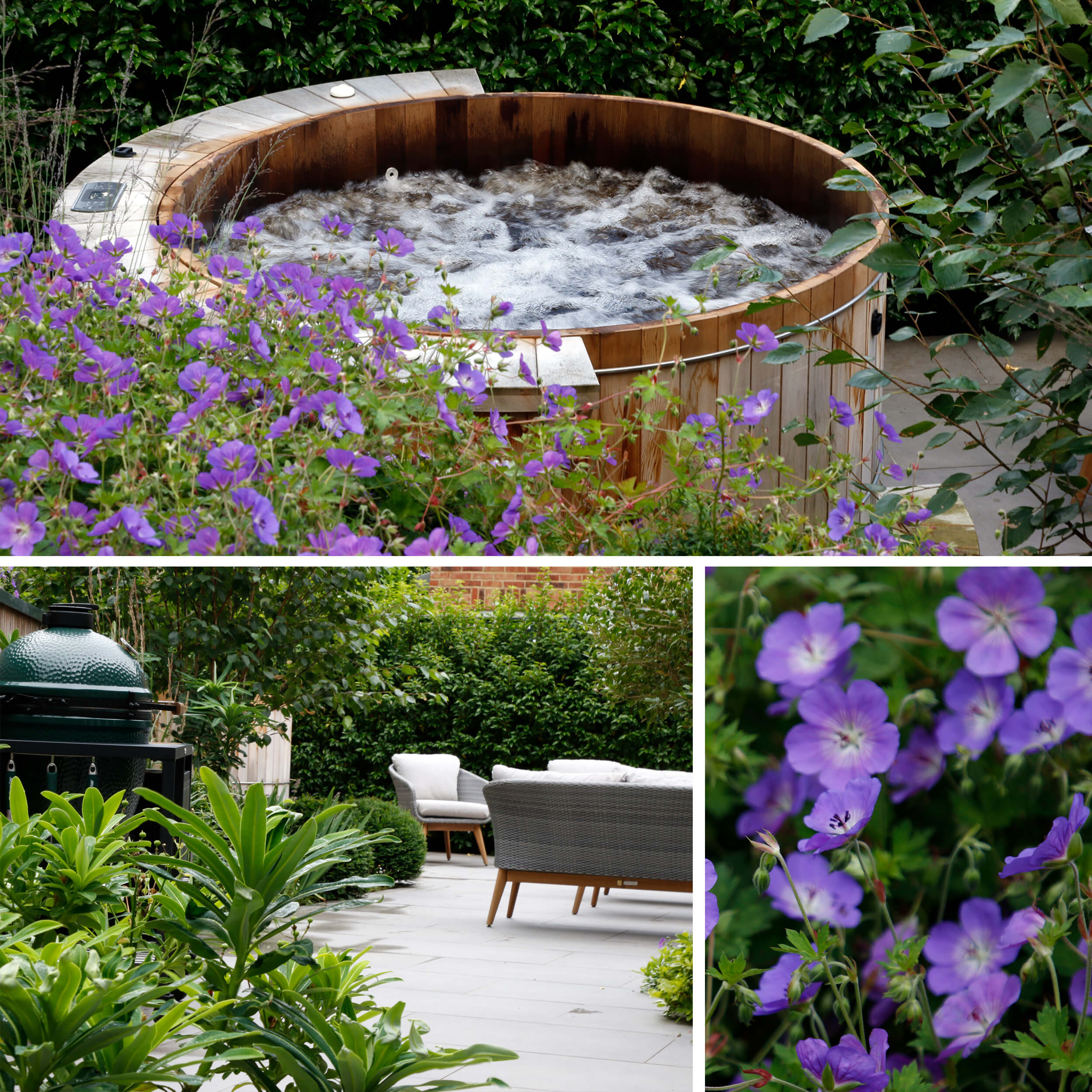 Purple Geranium 'Rozanne' cascades down the hill and around the wooden hot tub