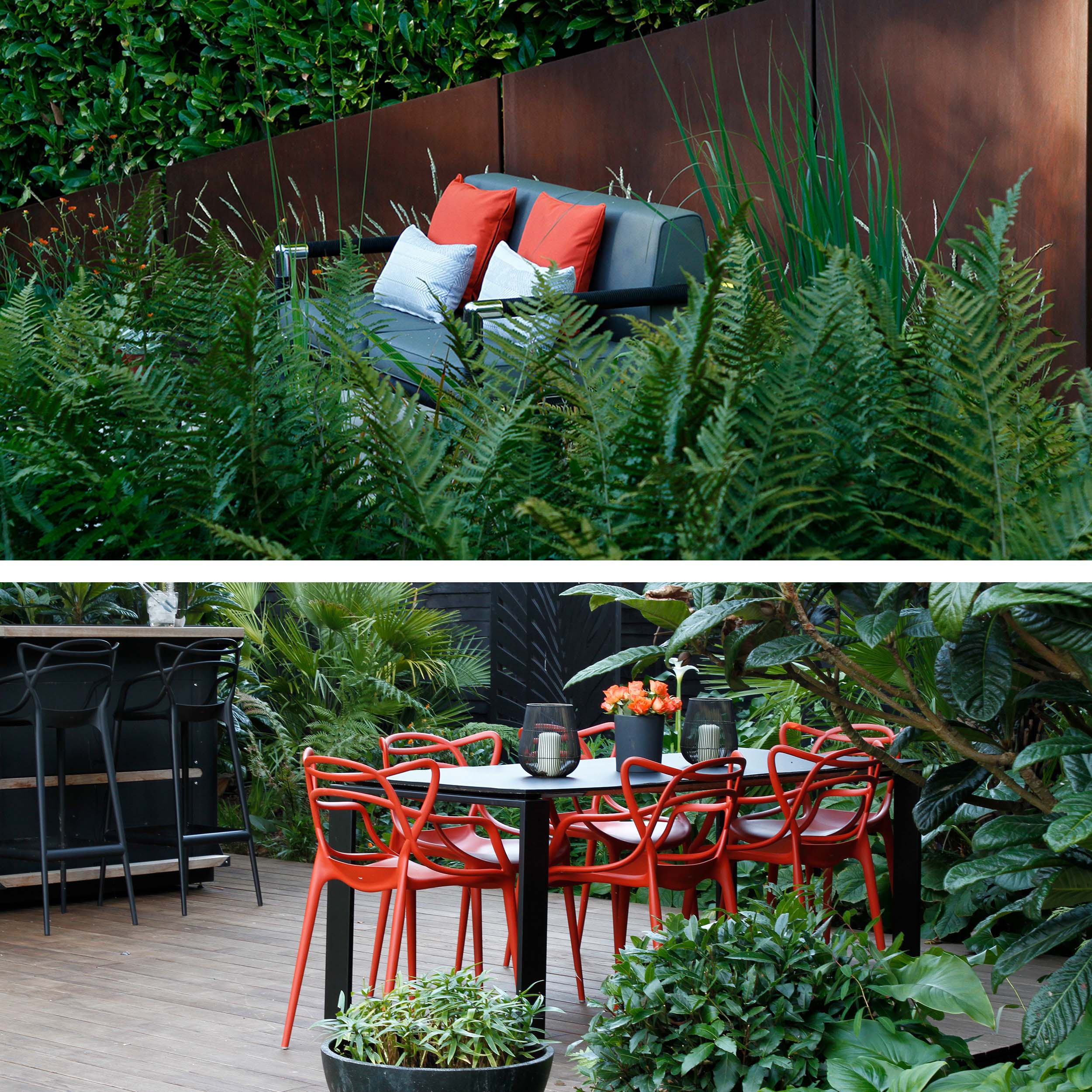 Deep green ferns contrast with the Corten Steel walls and bright red cushions and chairs in this much tropical garden paradise in Kings Hill Kent