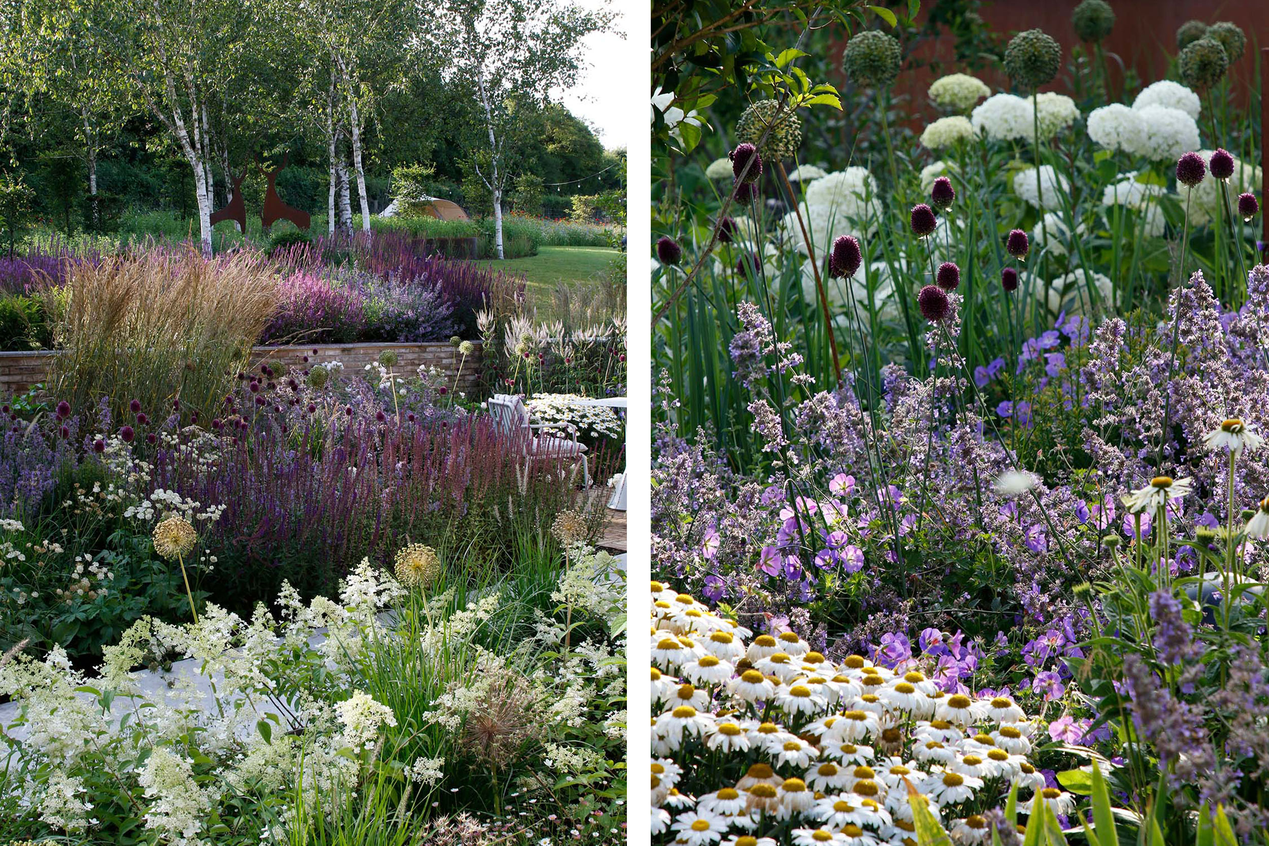 A simple, minimal colour palette of pink, purple and white flowers in our garden design create a dreamy landscape around the classic country house