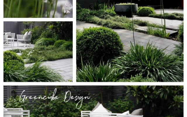 Collage of a modern garden: white seating area, paved paths, and lush greenery; 'Greencube Design' shown on bottom panel.