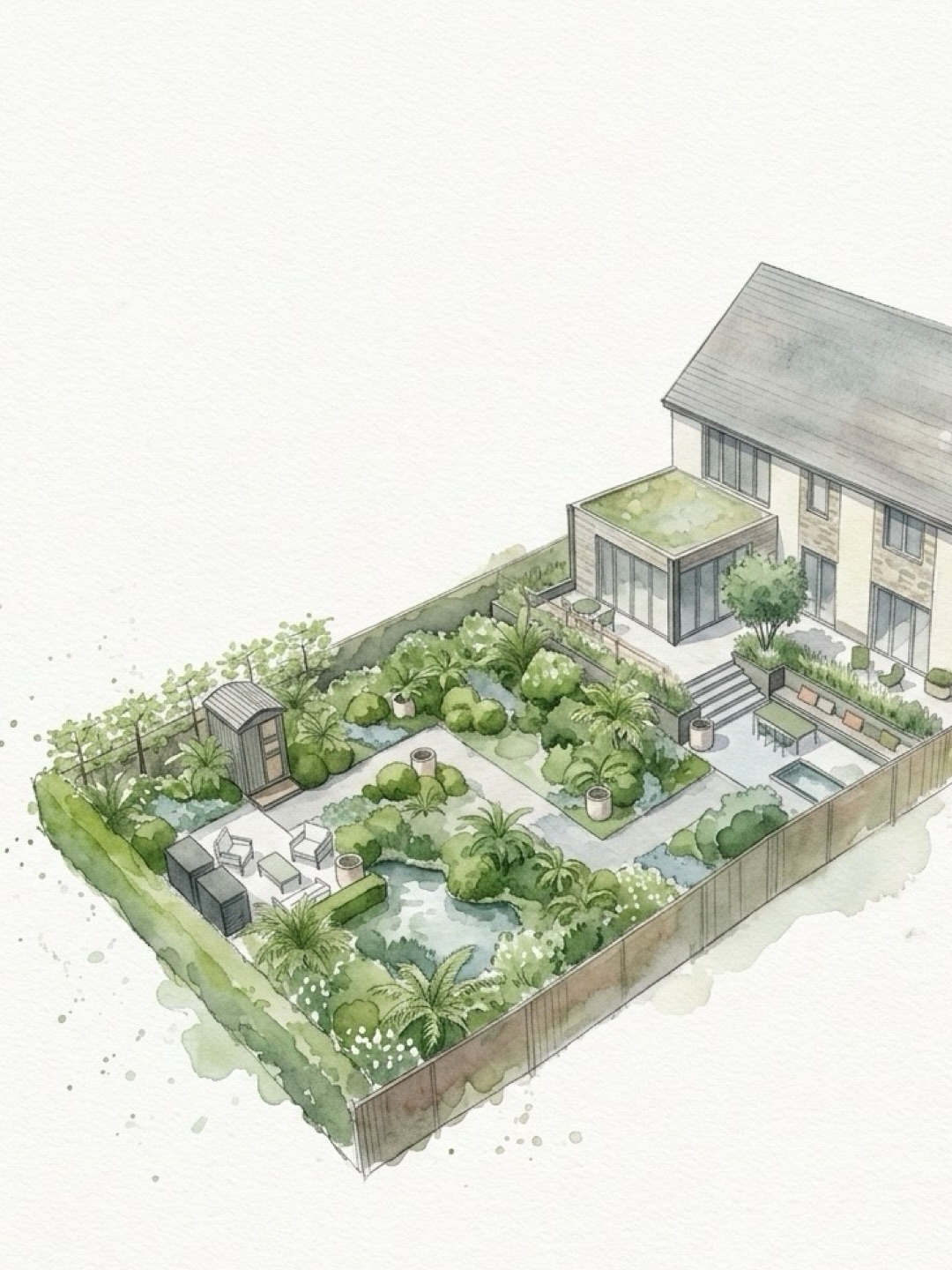 Isometric watercolor illustration of a modern house with a landscaped backyard featuring a pond, hedge walls, and outdoor seating.